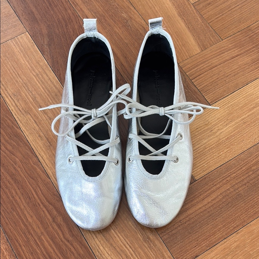 Sold Out & Waitlisted— Paloma Wool Pina, Silver Leather Lace-Up Ballet Flats 36
